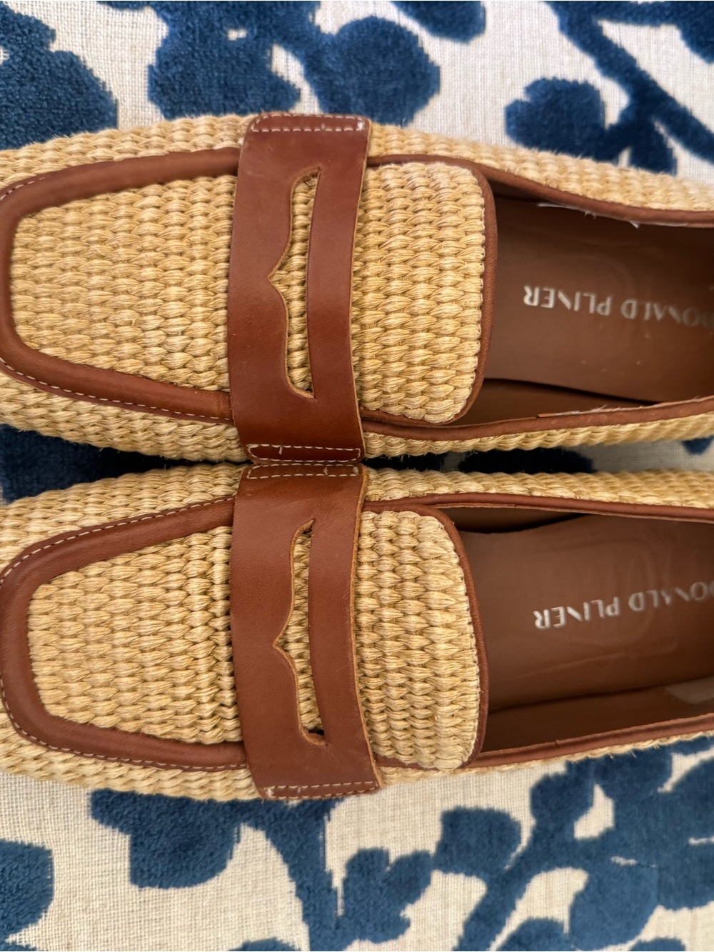 Donald J. Pliner Tan Woven and Brown Leather Penny Loafers